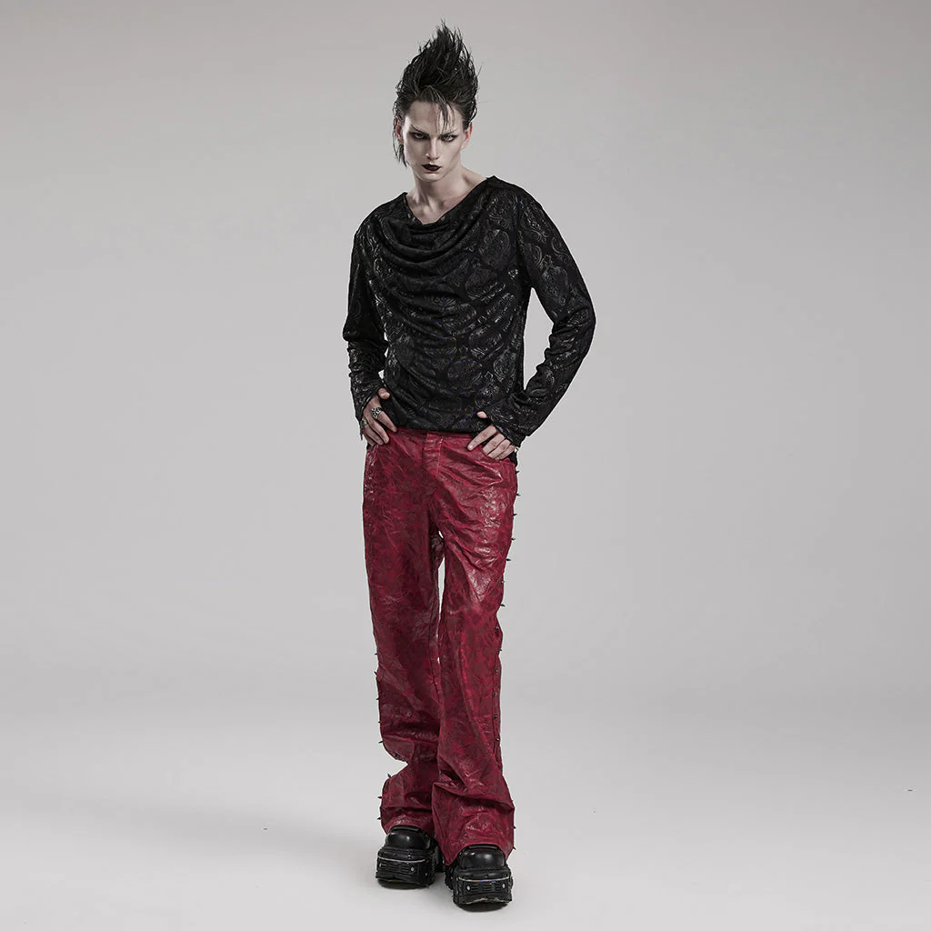WK-585PCM Red Punk Textured Pleated Leather Pants with Spiked Sides - Image 5