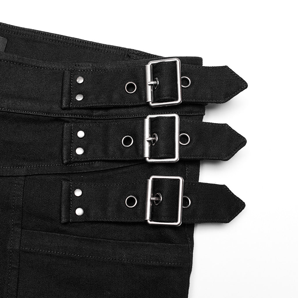 WK-588NCM Mens black Punk Pants Buckle Straps Slim Fit Denim - Image 16