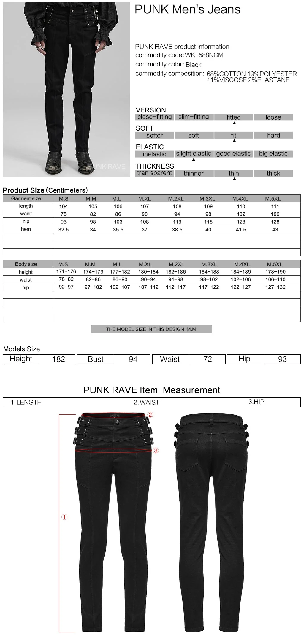 WK-588NCM Mens black Punk Pants Buckle Straps Slim Fit Denim - Image 2