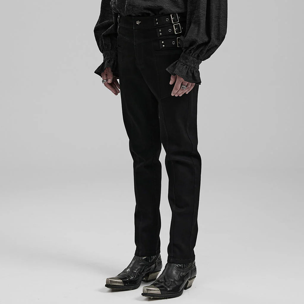 WK-588NCM Mens black Punk Pants Buckle Straps Slim Fit Denim - Image 3