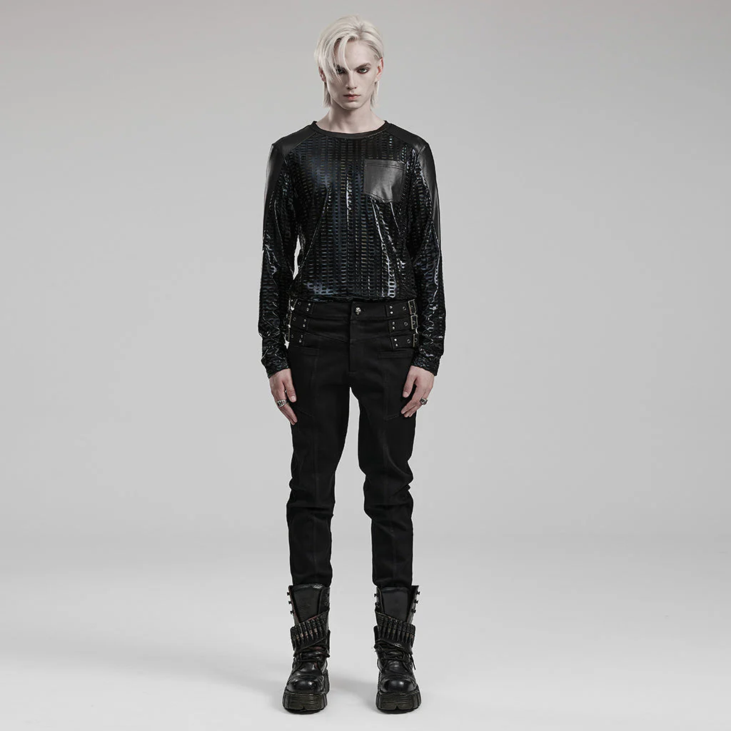 WK-588NCM Mens black Punk Pants Buckle Straps Slim Fit Denim - Image 5