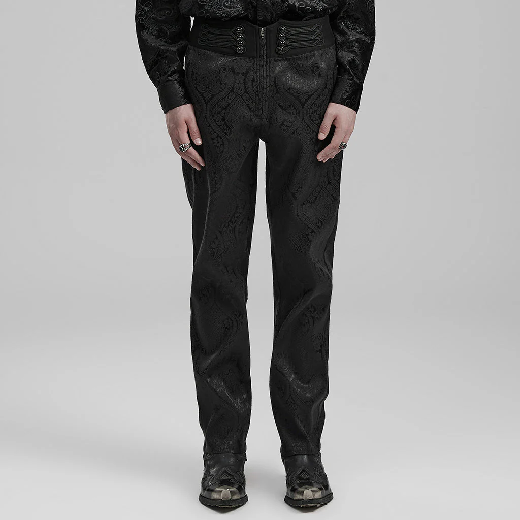 WK-589XCM Mens Gothic Jacquard Slim-Fit black Pants Elegant Design
