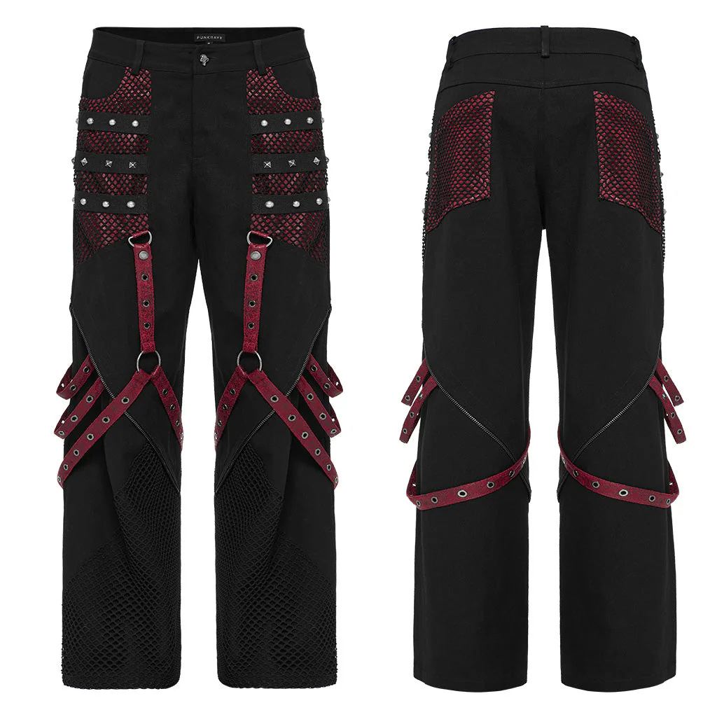 WK-602XCM Gothic Punk Pants with Red Strap Rivet Detailing - Image 26
