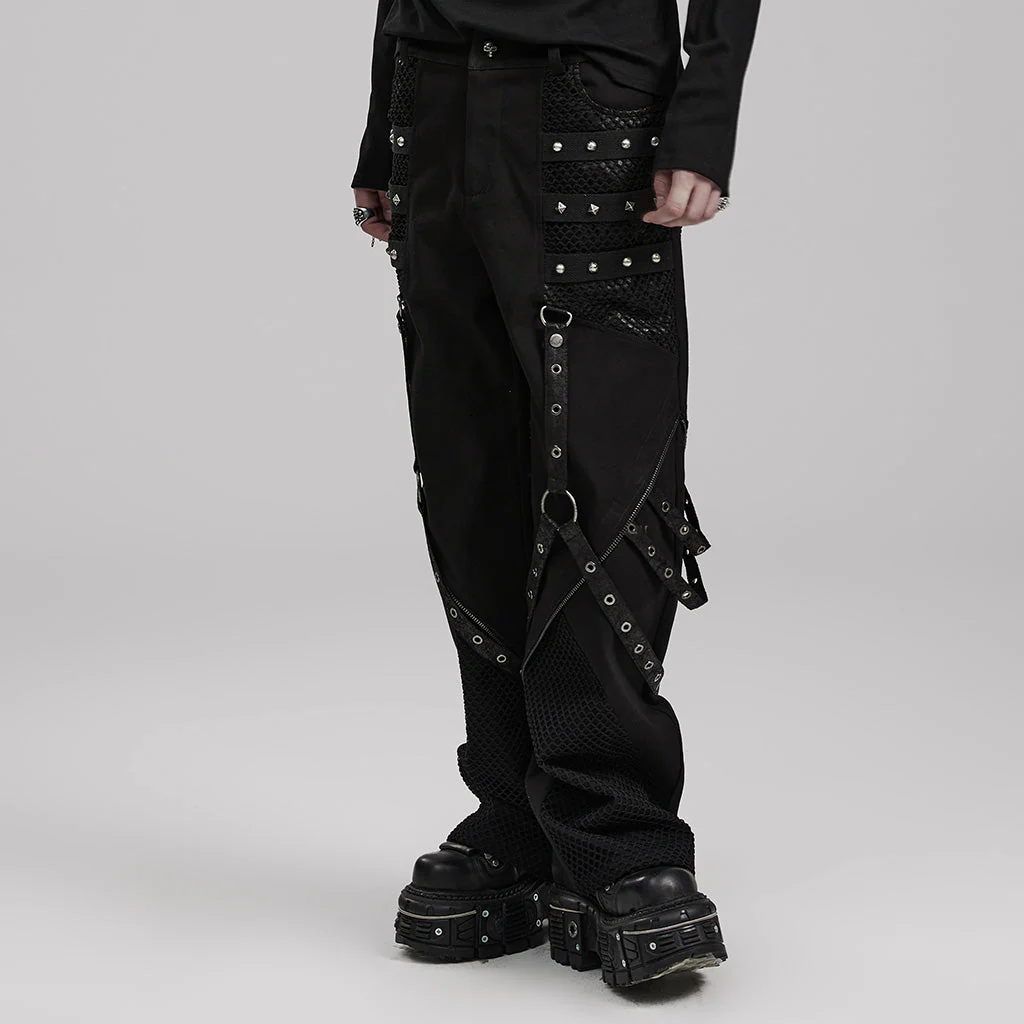 WK-602XCM Gothic Punk Pants with Red Strap Rivet Detailing - Image 31