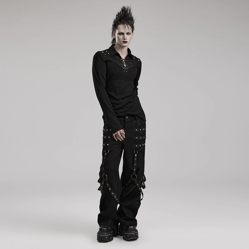 WK-602XCM Gothic Punk Pants with Red Strap Rivet Detailing - Image 35