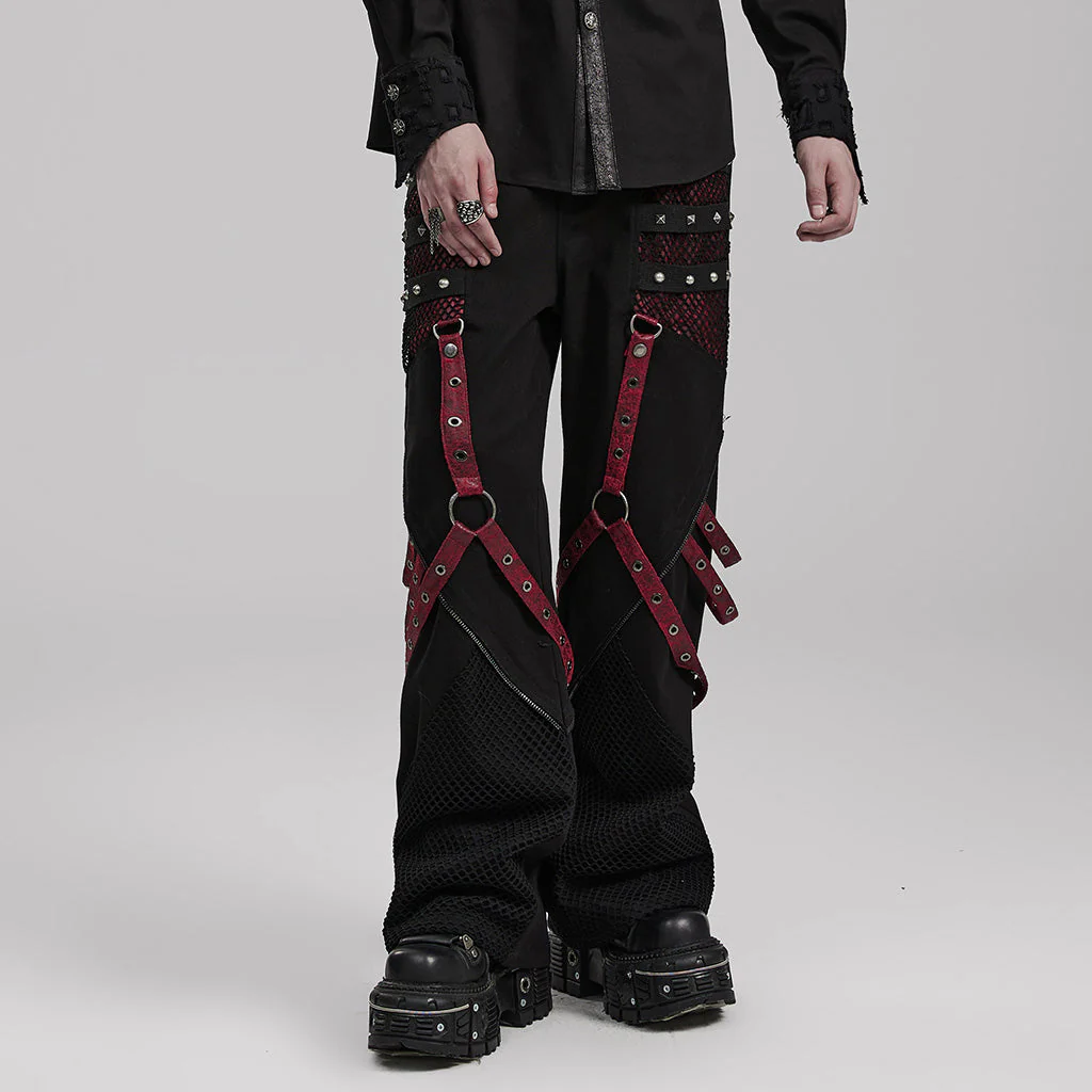 WK-602XCM Gothic Punk Pants with Red Strap Rivet Detailing - Image 40