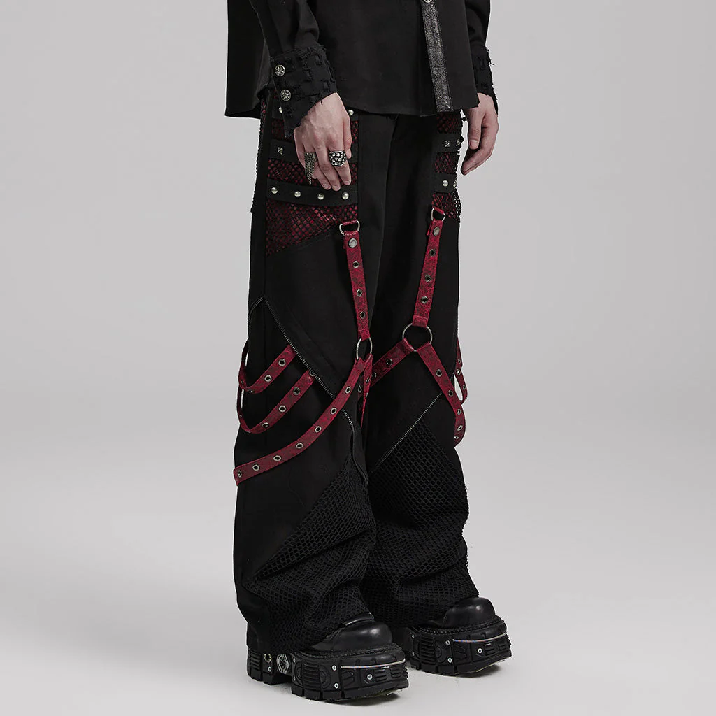 WK-602XCM Gothic Punk Pants with Red Strap Rivet Detailing - Image 42