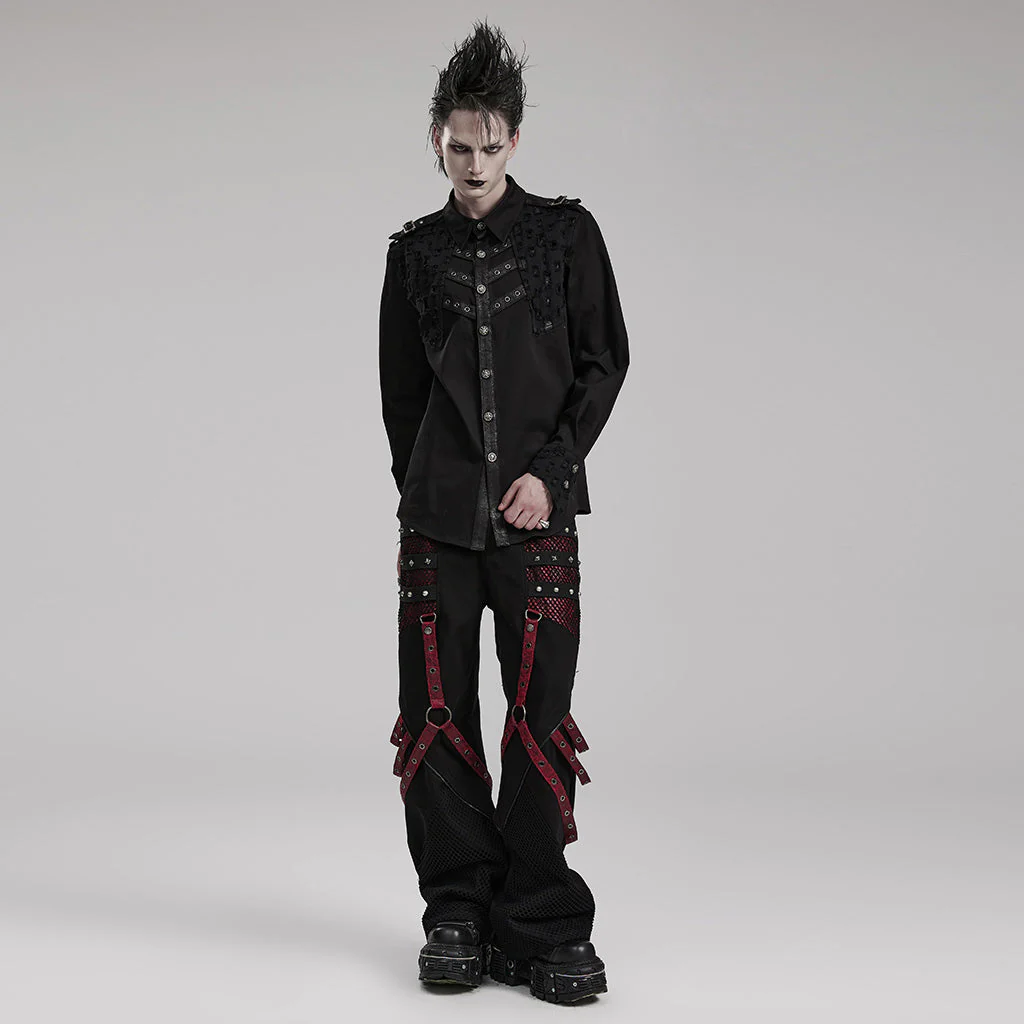 WK-602XCM Gothic Punk Pants with Red Strap Rivet Detailing - Image 5