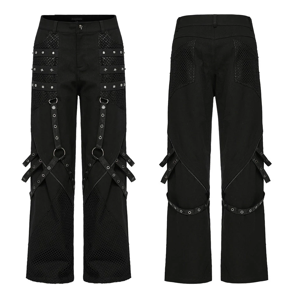WK-602XCM Gothic Punk Pants with Red Strap Rivet Detailing - Image 56