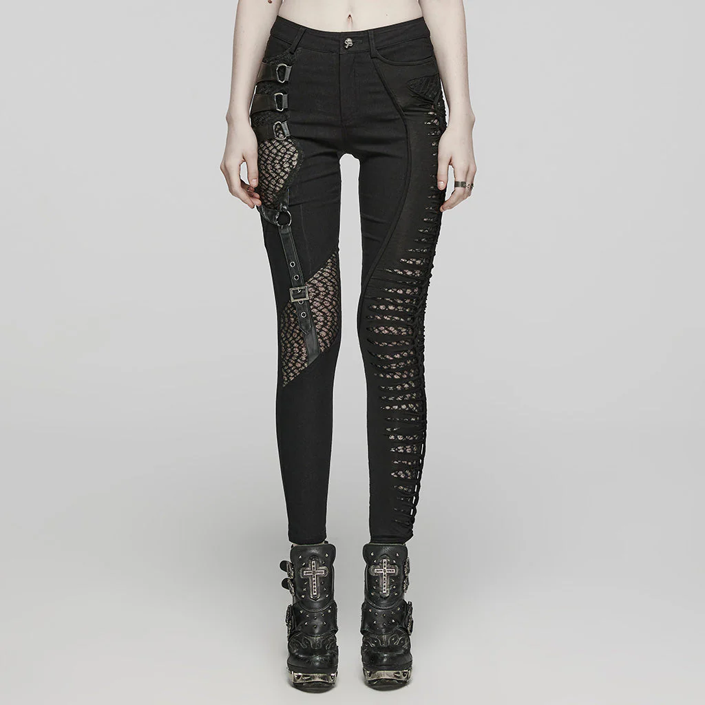 WK-603XCF Gothic Asymmetric Punk Pants with Mesh and Buckle Details - Image 11