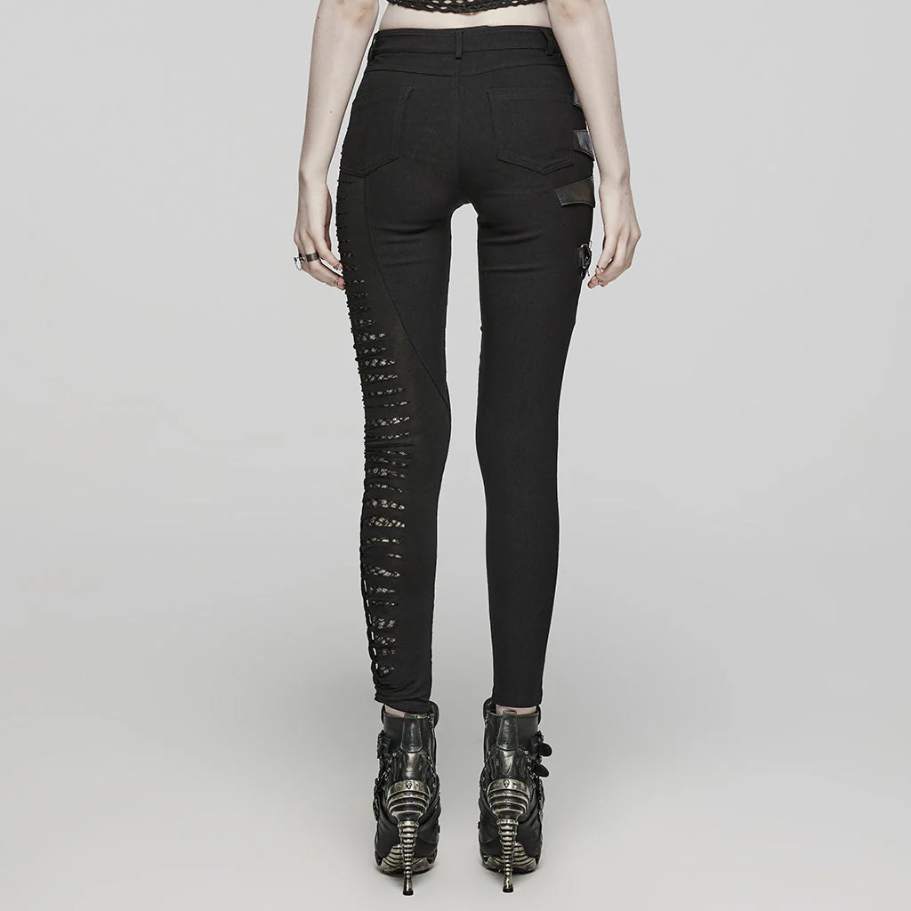 WK-603XCF Gothic Asymmetric Punk Pants with Mesh and Buckle Details - Image 13