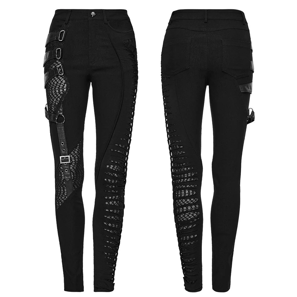 WK-603XCF Gothic Asymmetric Punk Pants with Mesh and Buckle Details - Image 6