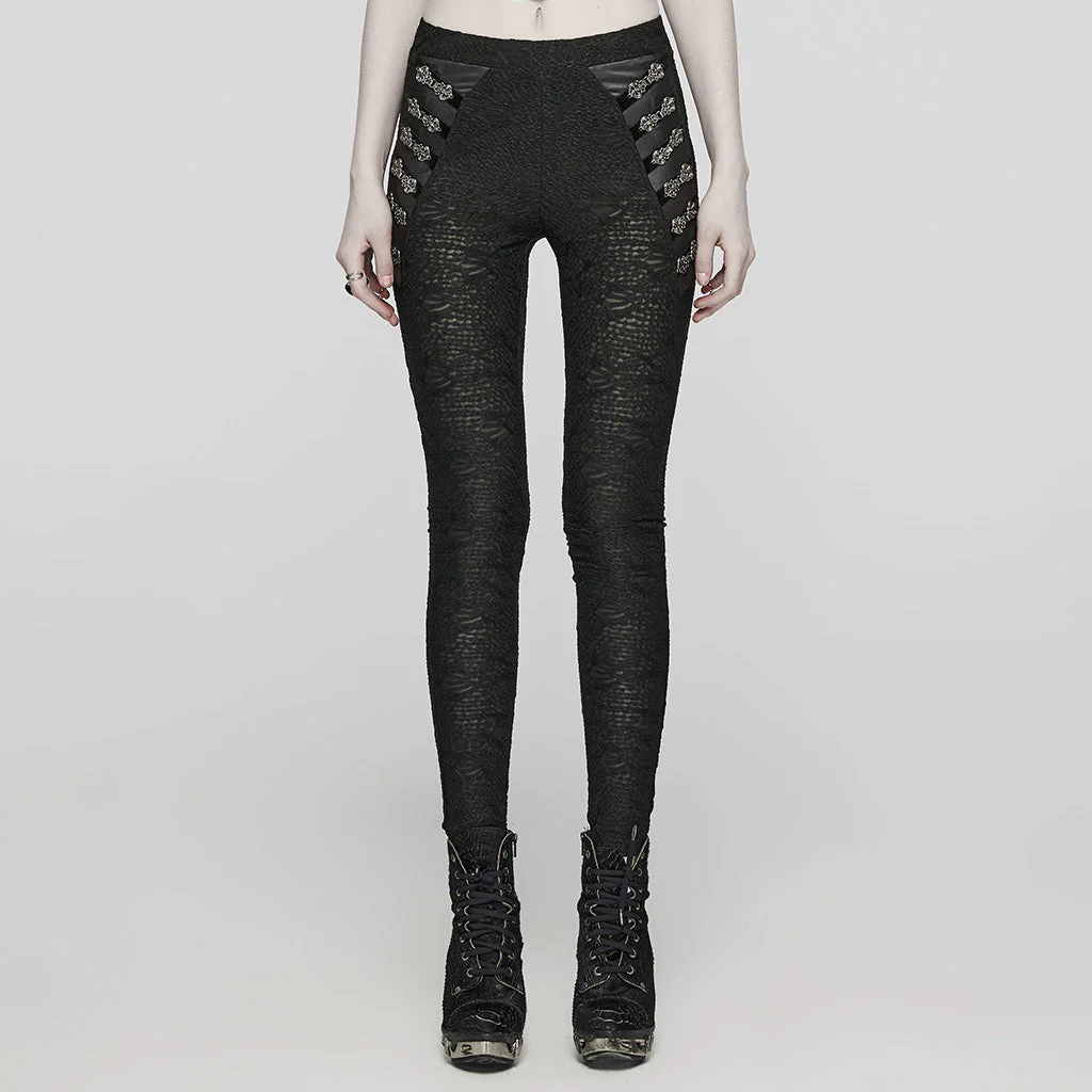 WK-605DDF Gothic Pants Lace Detail High-Waist Slim-Fit Textured Leggings
