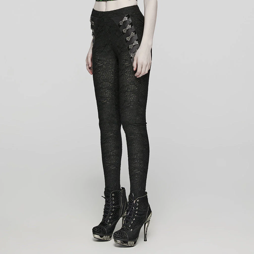 WK-605DDF Gothic Pants Lace Detail High-Waist Slim-Fit Textured Leggings - Image 13