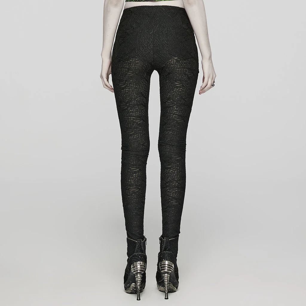 WK-605DDF Gothic Pants Lace Detail High-Waist Slim-Fit Textured Leggings - Image 23