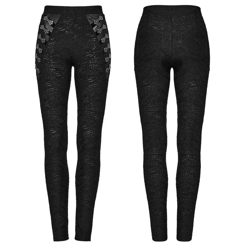 WK-605DDF Gothic Pants Lace Detail High-Waist Slim-Fit Textured Leggings - Image 25