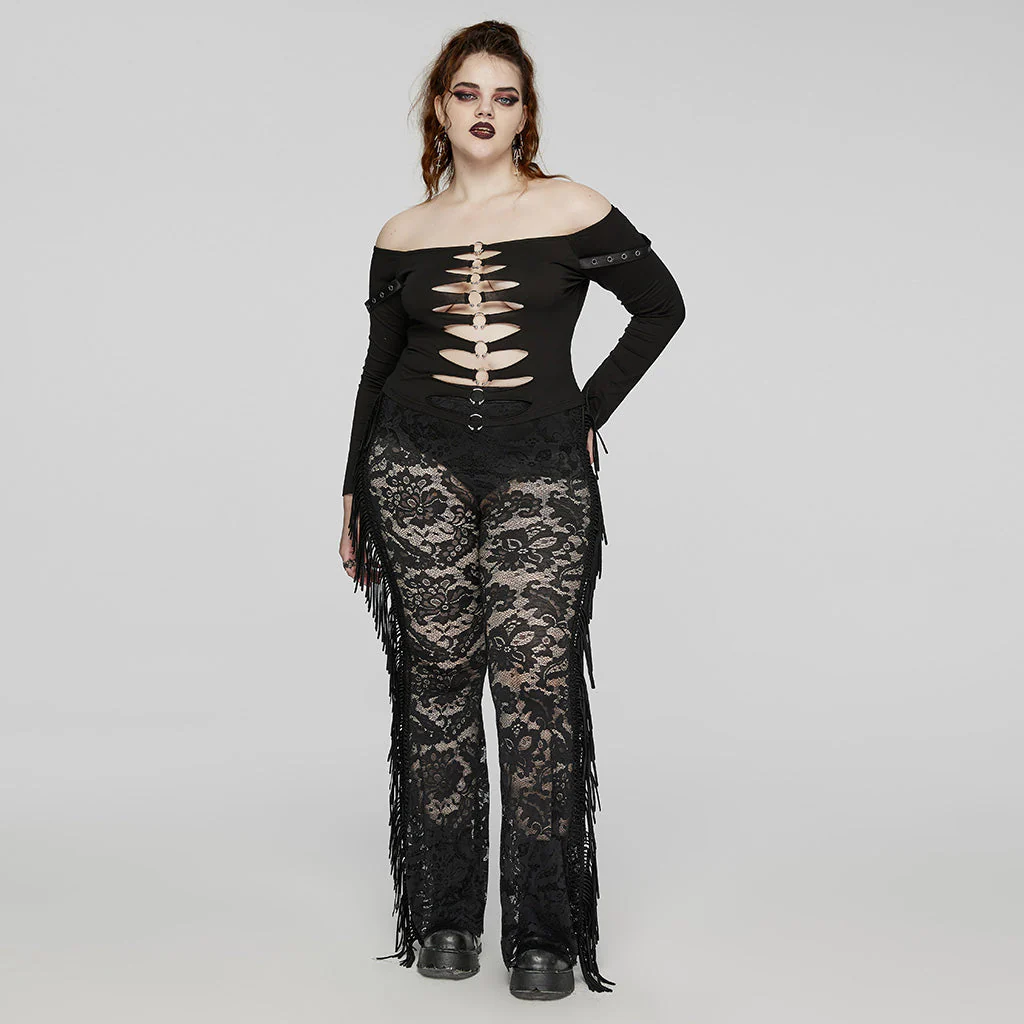 WK-610XCF Elegant Lace Flare Gothic Pants with Fringe Detailing - Image 15