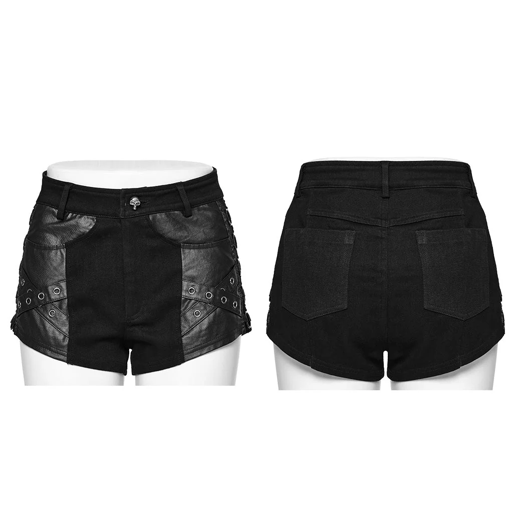 WK-612NDF Gothic Black Leather Accent Punk Pants Shorts Edgy Style - Image 11