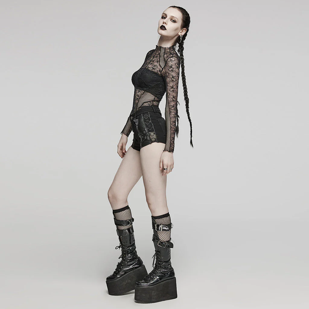 WK-612NDF Gothic Black Leather Accent Punk Pants Shorts Edgy Style - Image 25