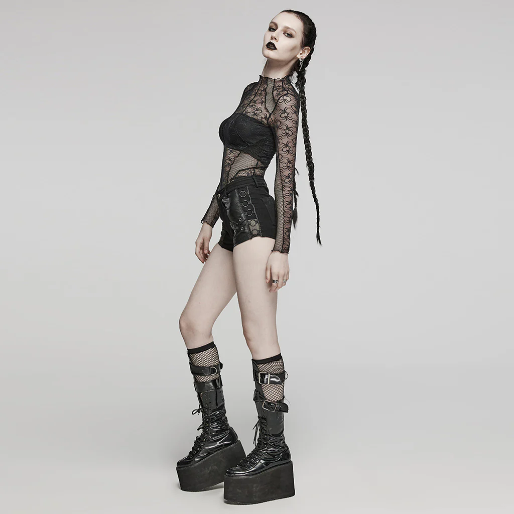 WK-612NDF Gothic Black Leather Accent Punk Pants Shorts Edgy Style - Image 5
