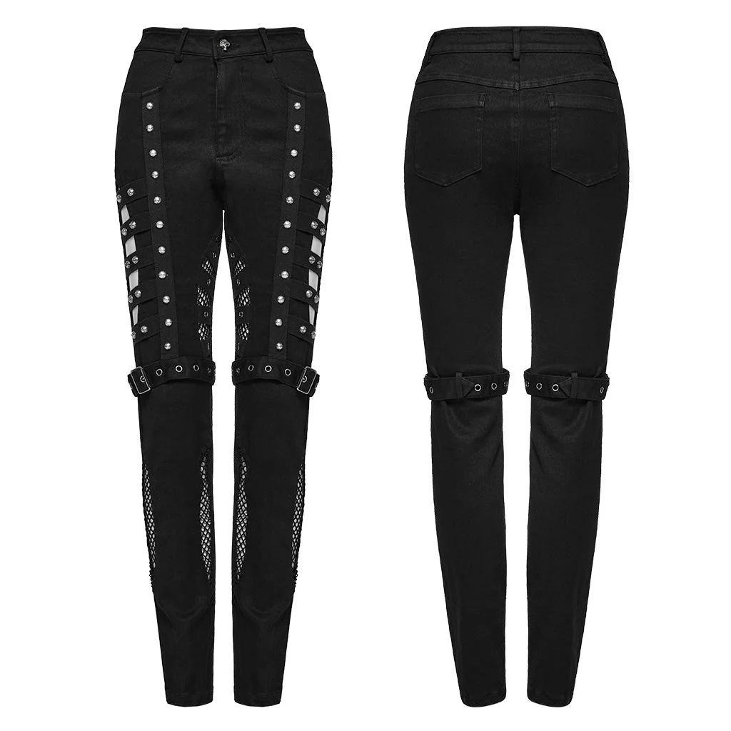 WK-615NCF Edgy Studded Leggings with Mesh Panels and Buckle Straps - Image 15