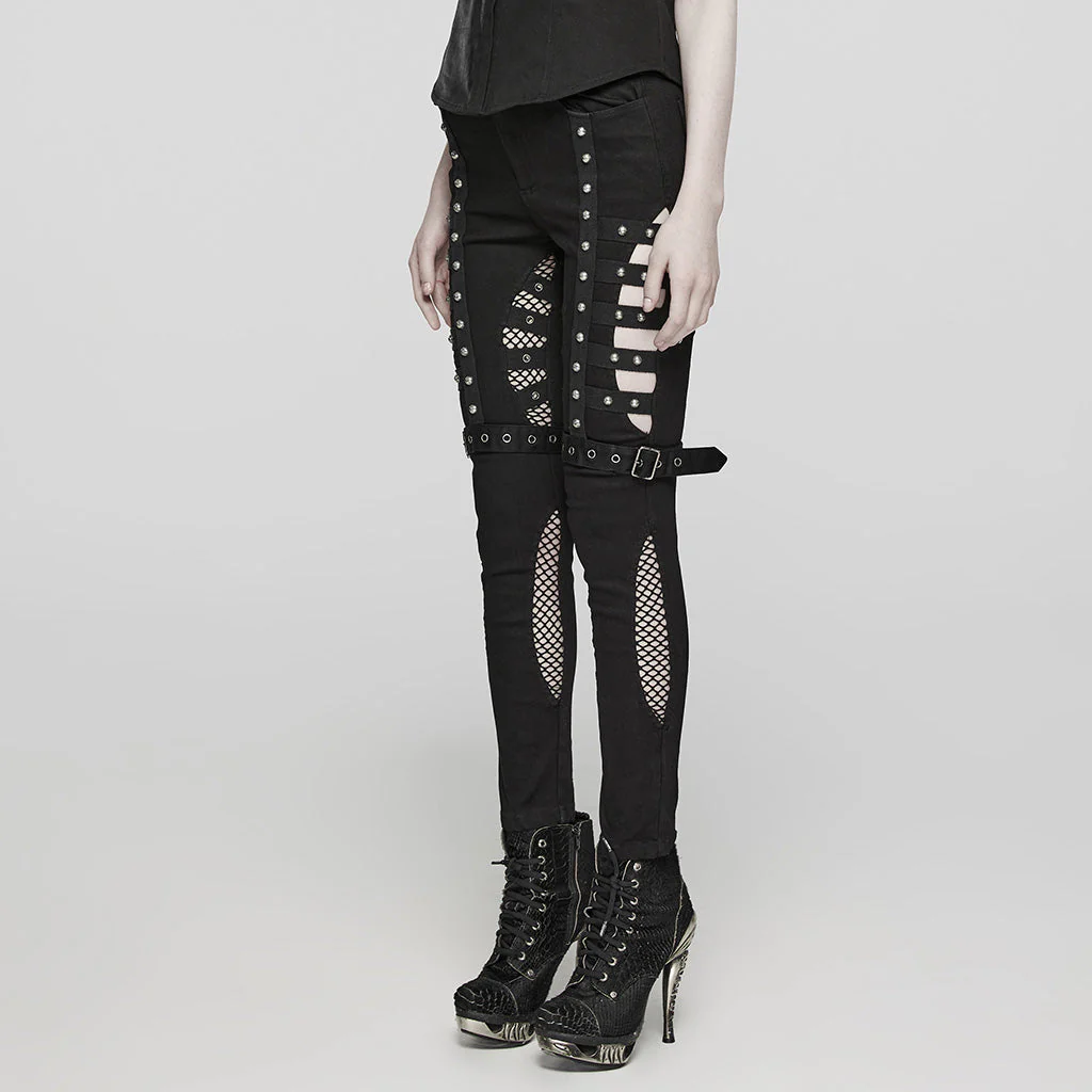 WK-615NCF Edgy Studded Leggings with Mesh Panels and Buckle Straps - Image 3