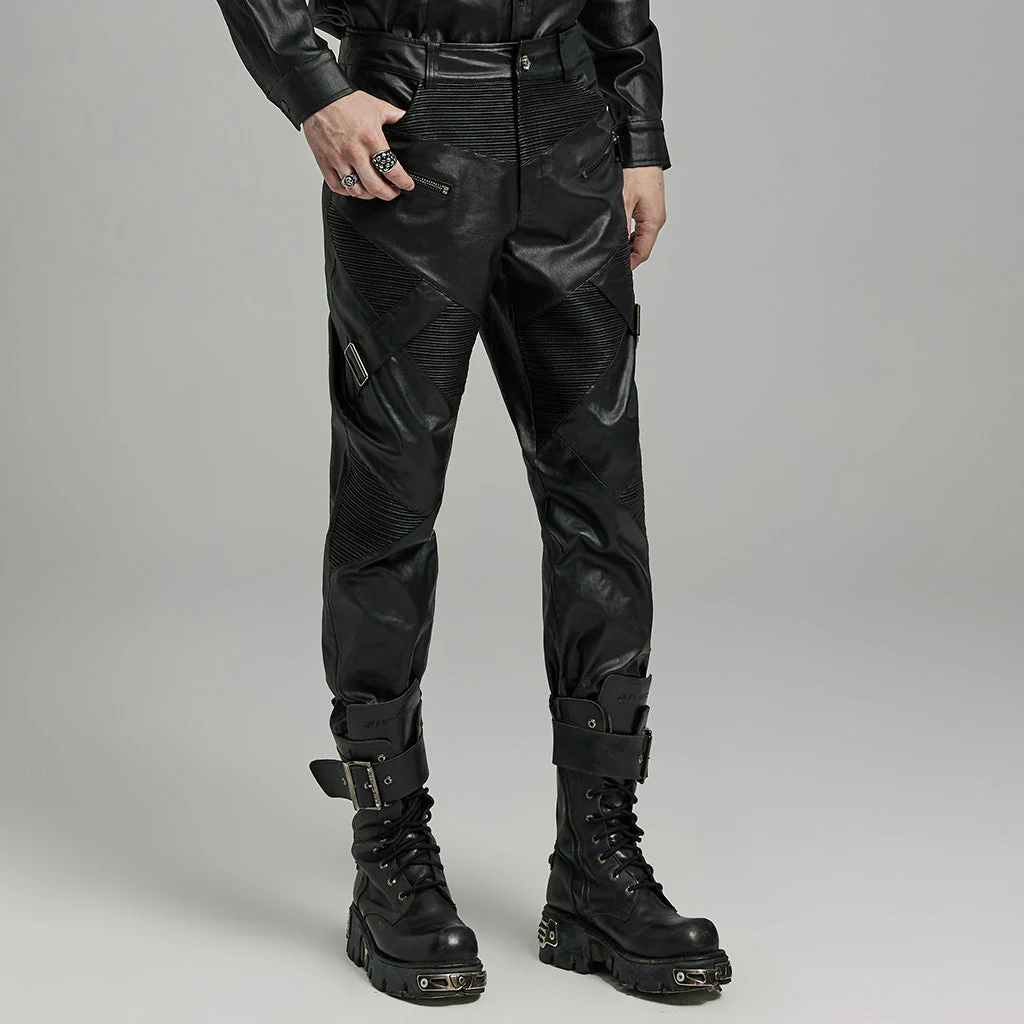 WK-624PCM Mens Slim Fit black Faux Leather Punk Pants - Image 3