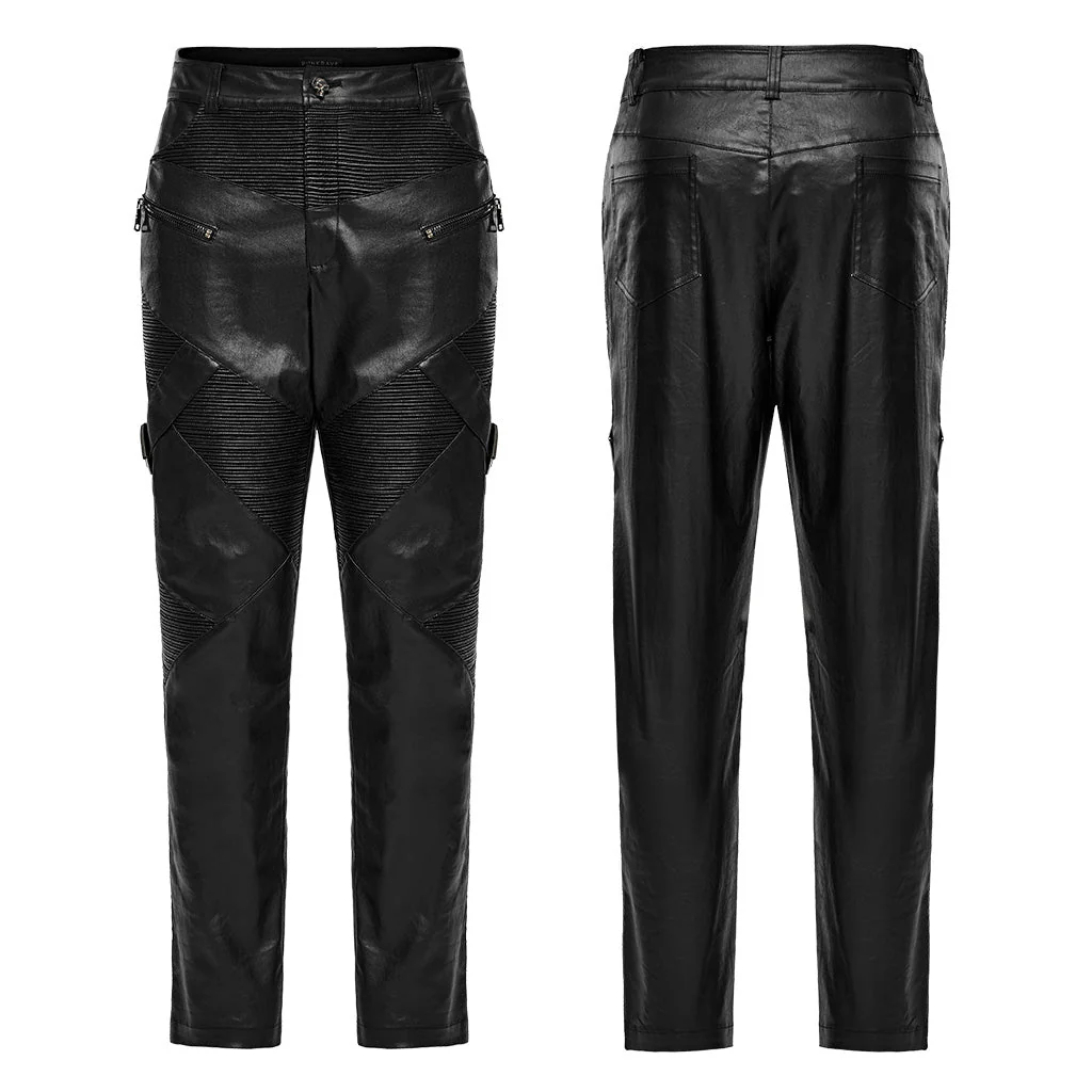 WK-624PCM Mens Slim Fit black Faux Leather Punk Pants - Image 6