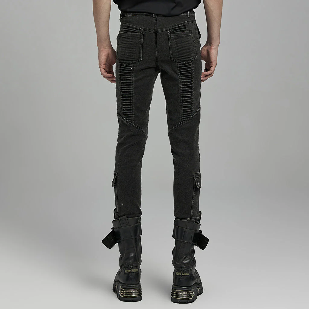 WK-627NCM Mens black Biker Punk Pants with Ribbed Detail and Pockets - Image 14