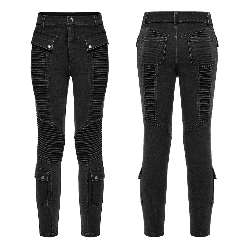 WK-627NCM Mens black Biker Punk Pants with Ribbed Detail and Pockets - Image 16
