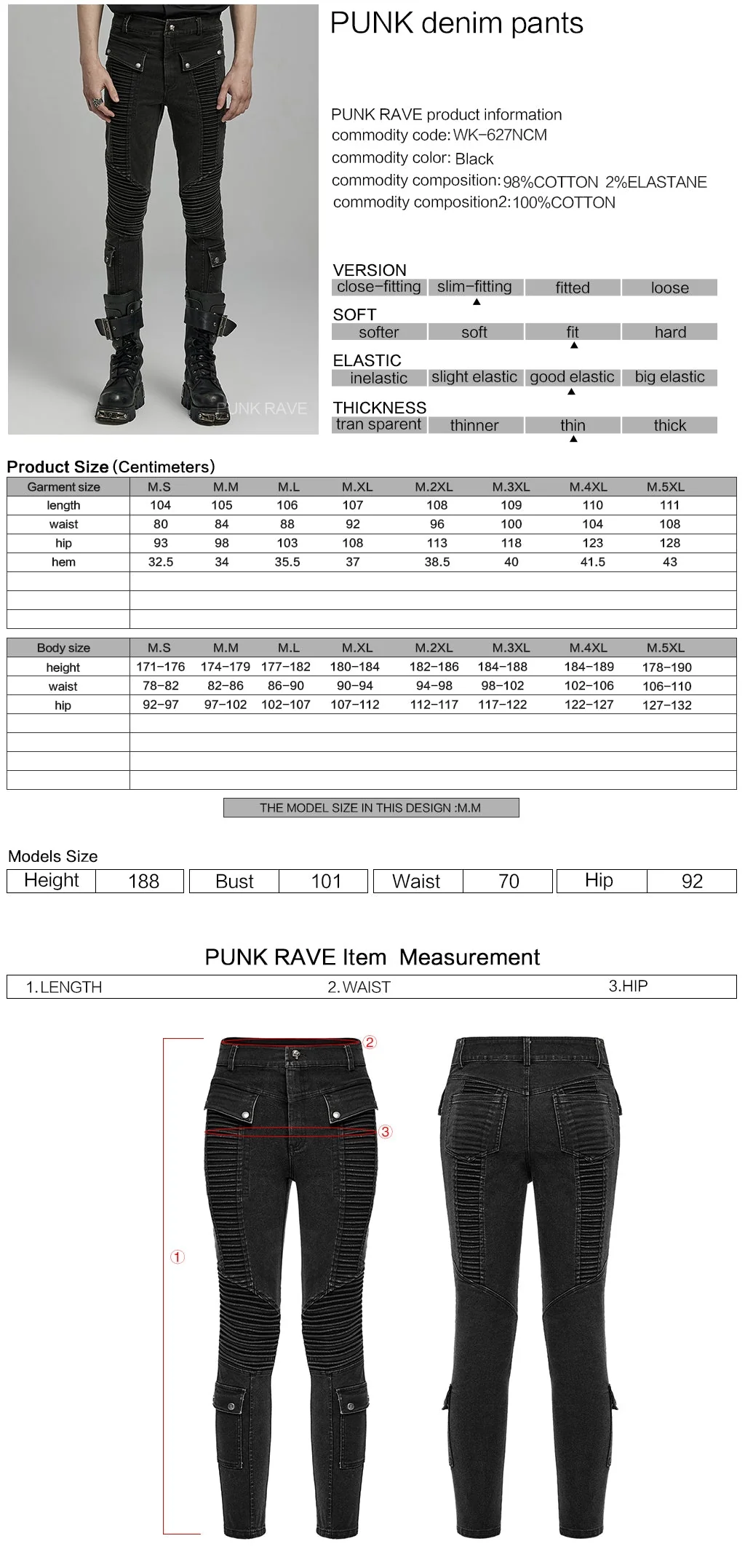 WK-627NCM Mens black Biker Punk Pants with Ribbed Detail and Pockets - Image 22