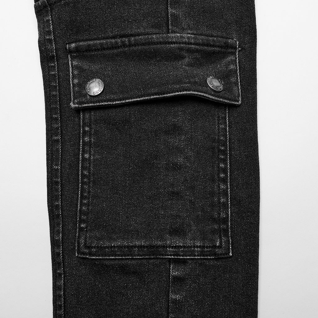 WK-627NCM Mens black Biker Punk Pants with Ribbed Detail and Pockets - Image 28