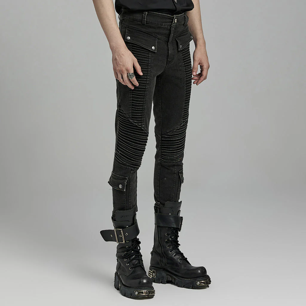 WK-627NCM Mens black Biker Punk Pants with Ribbed Detail and Pockets - Image 3