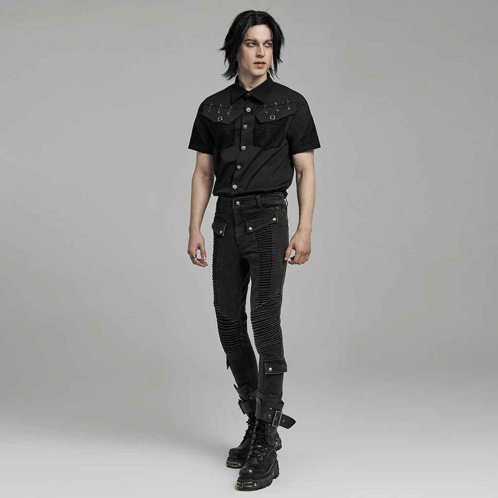 WK-627NCM Mens black Biker Punk Pants with Ribbed Detail and Pockets - Image 5