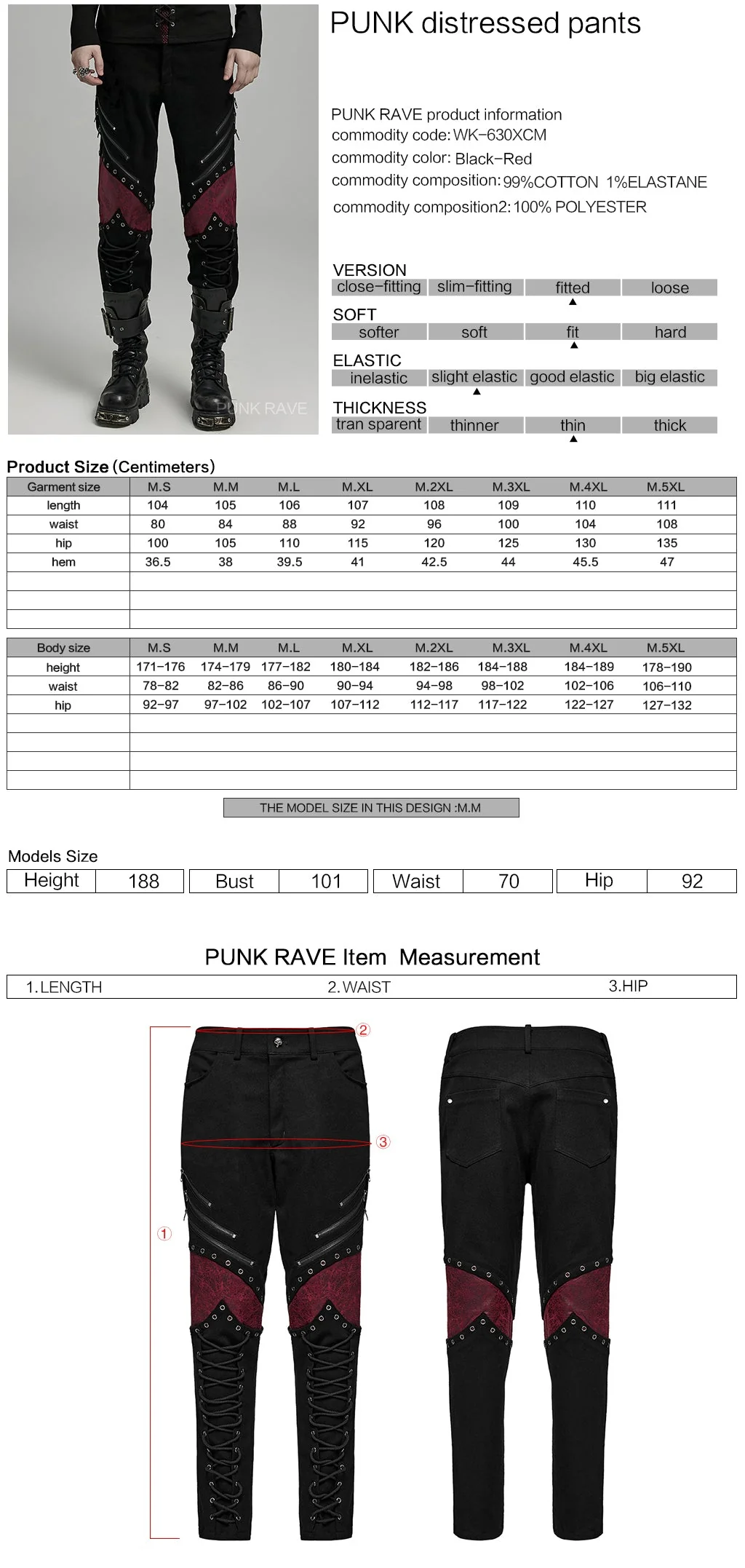 WK-630XCM Gothic black-Red Punk Pants with Lace-Up Rivet Details - Image 22