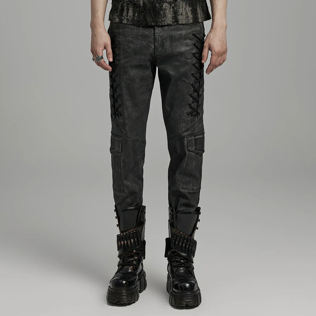 WK-631NCM Edgy black Gray Slim-Fit Punk Pants with Lace Details - Image 21