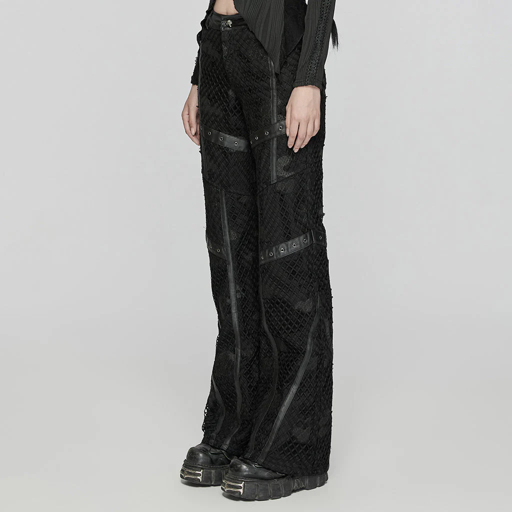 WK-641XCF Gothic Mesh Punk Pants with Faux Leather Straps - Image 3