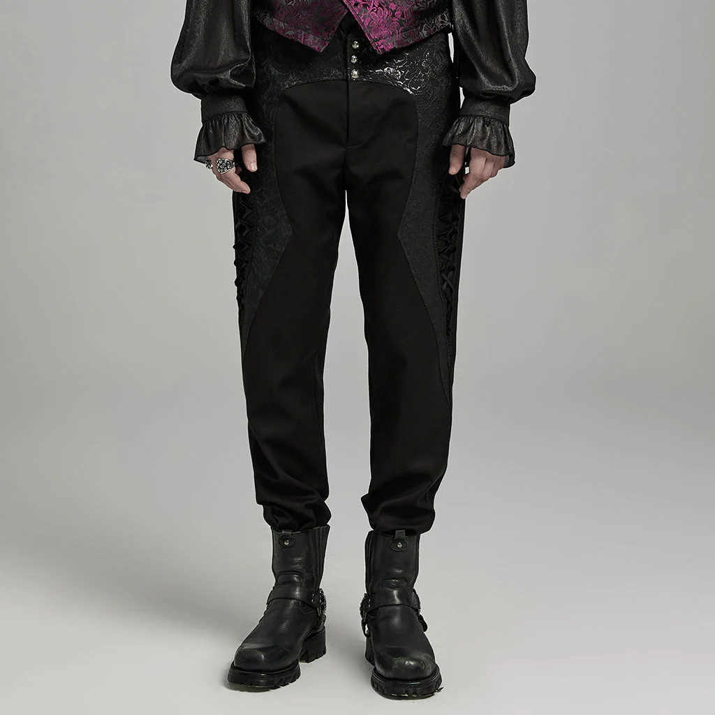 WK-642XCM Elegant black Brocade Gothic Pants with Intricate Lace Detailing