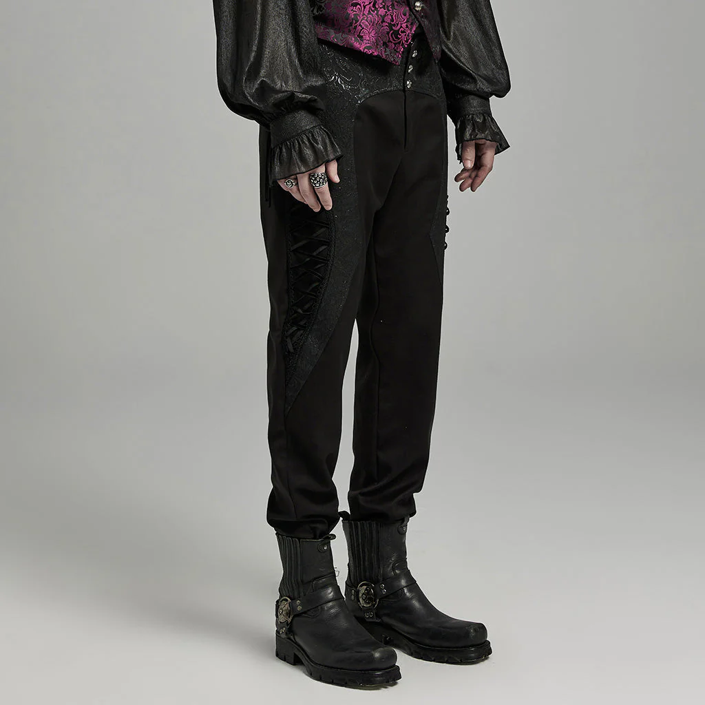 WK-642XCM Elegant black Brocade Gothic Pants with Intricate Lace Detailing - Image 3