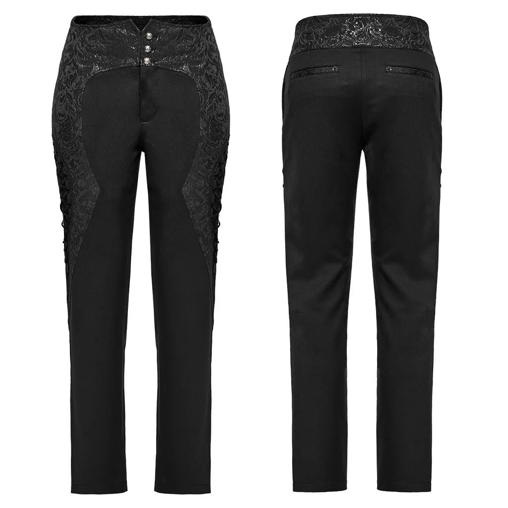 WK-642XCM Elegant black Brocade Gothic Pants with Intricate Lace Detailing - Image 6