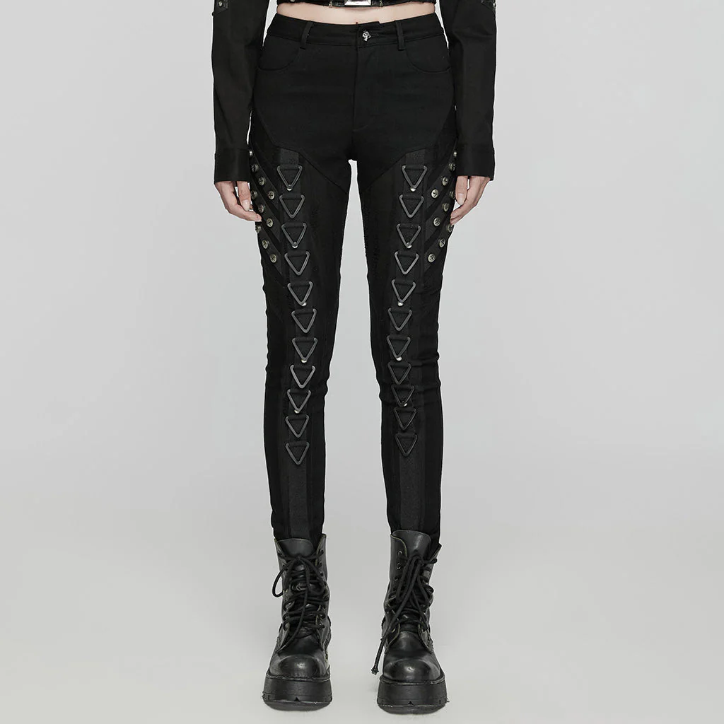 WK-648NCF Edgy Black Punk Pants with Striking Metal Rivet Details