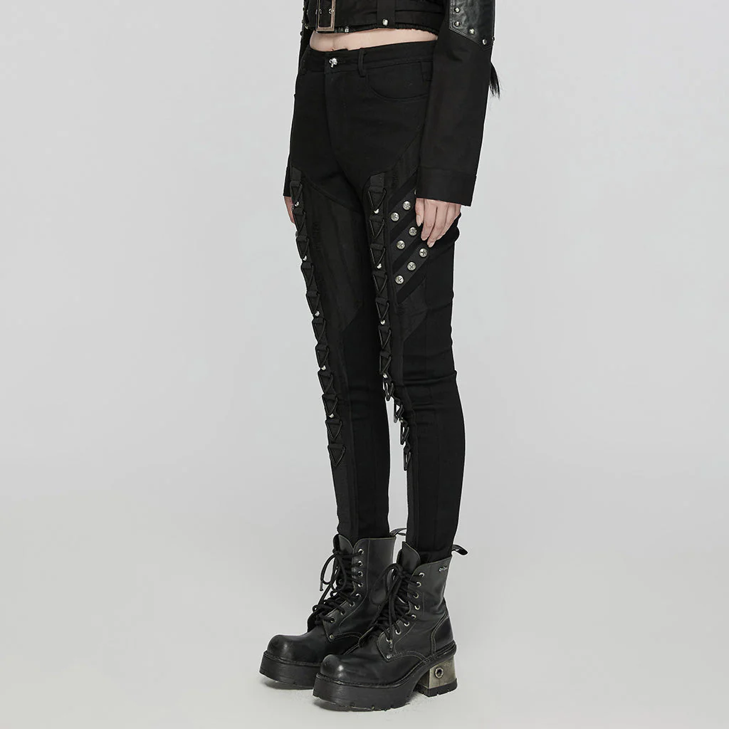 WK-648NCF Edgy Black Punk Pants with Striking Metal Rivet Details - Image 3