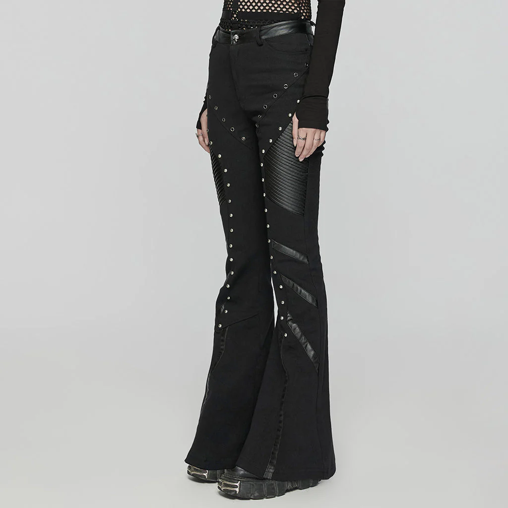 WK-650XCF Edgy Flare Punk Pants with Rivet Detailing and Leather Accents - Image 3