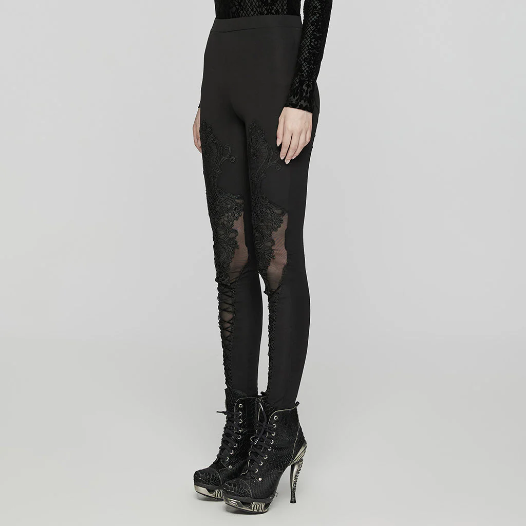 WK-653DDF Gothic Lace-Embroidered Slim-Fit Elastic High-Waisted Pants - Image 3