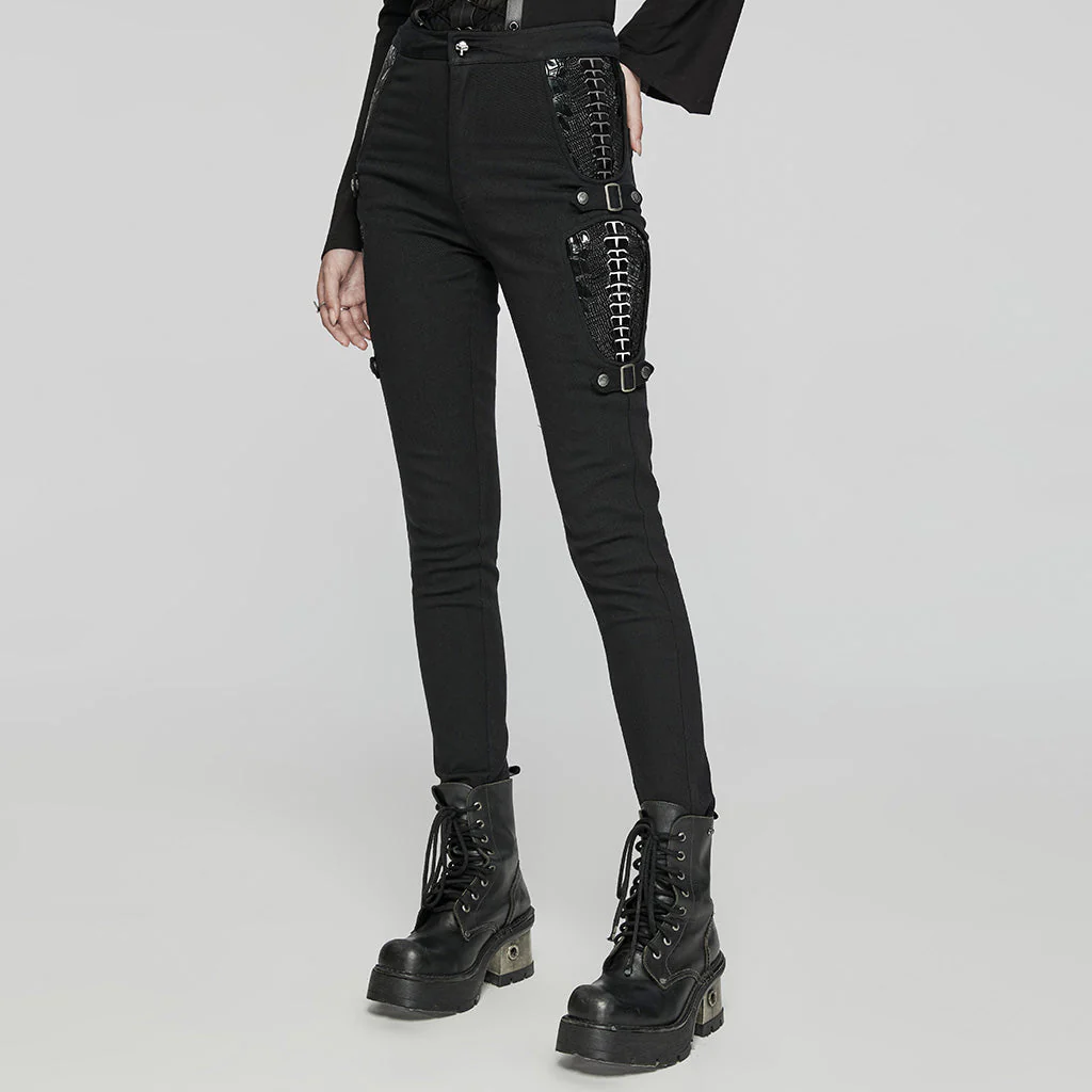 WK-654XCF Slim-Fit black Elastic Punk Pants with Buckle Details - Image 3