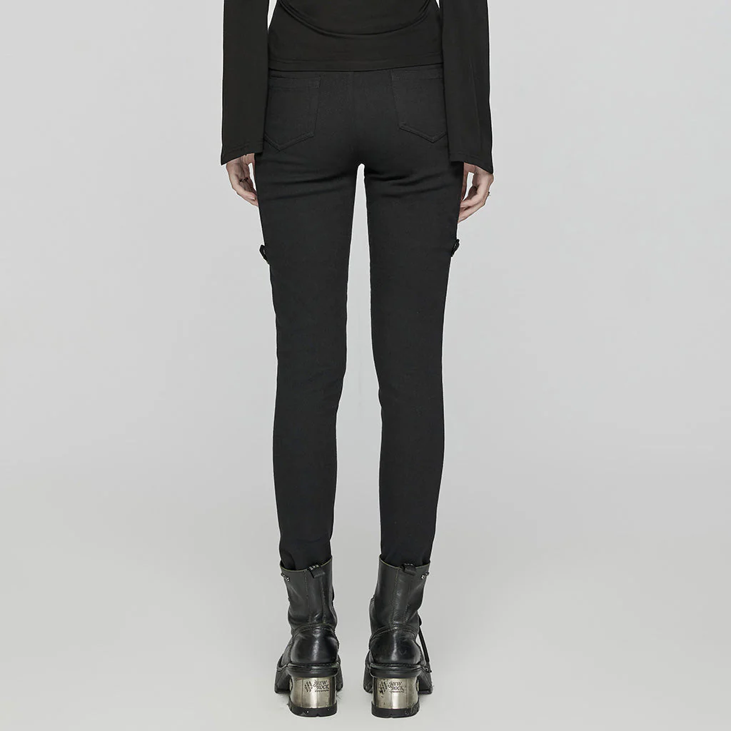 WK-654XCF Slim-Fit black Elastic Punk Pants with Buckle Details - Image 4