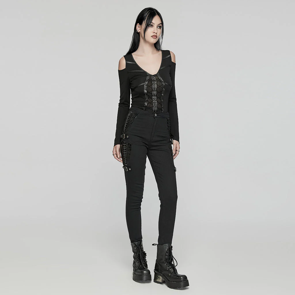 WK-654XCF Slim-Fit black Elastic Punk Pants with Buckle Details - Image 5