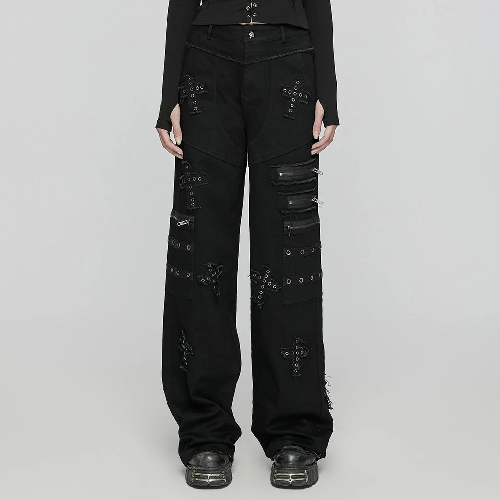WK-658NCF Gothic Punk Pants Cross Patch Straight black Aesthetic Design - Image 11