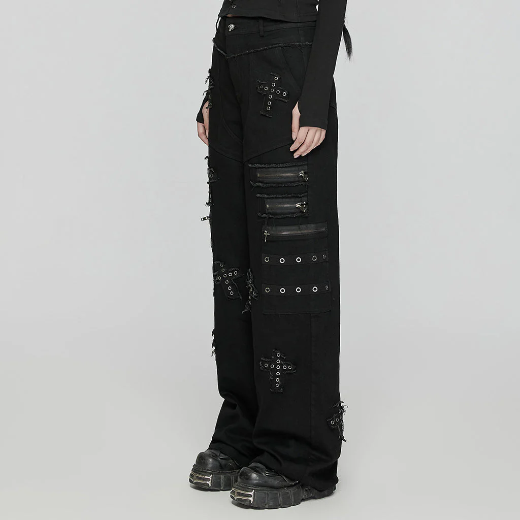 WK-658NCF Gothic Punk Pants Cross Patch Straight black Aesthetic Design - Image 13