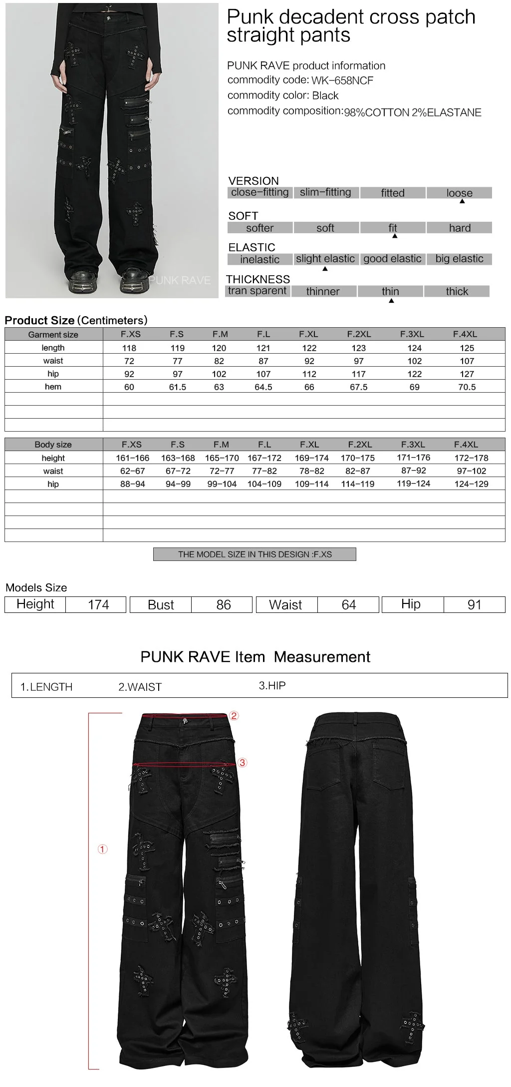 WK-658NCF Gothic Punk Pants Cross Patch Straight black Aesthetic Design - Image 2